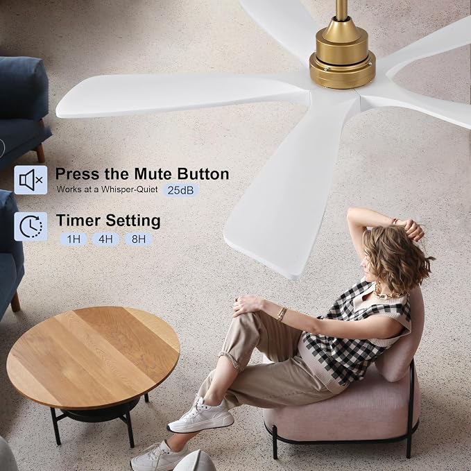 52 Inch White Gold Ceiling Fans with Lights and Remote, 5 Blade Wood Outdoor Ceiling Fan with Light for Patio, alternate view