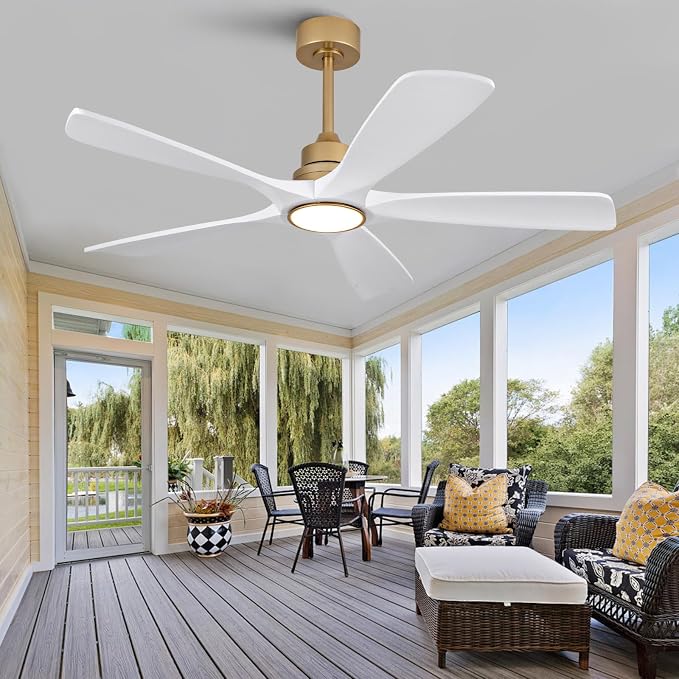 52 Inch White Gold Ceiling Fans with Lights and Remote, 5 Blade Wood Outdoor Ceiling Fan with Light for Patio, alternate view