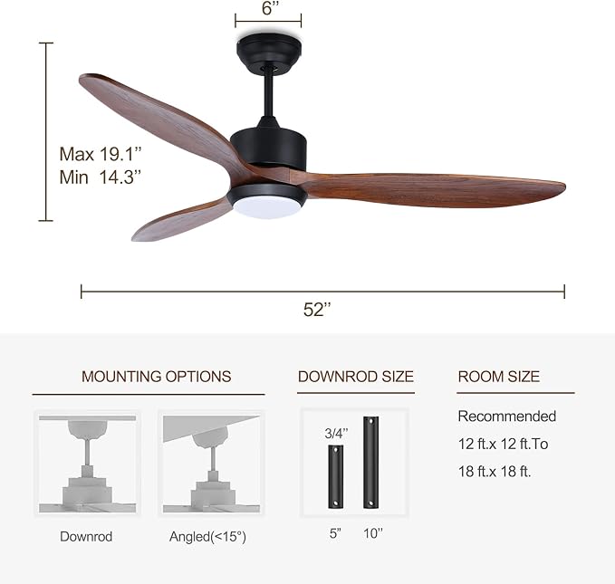 52 Inch Wood Ceiling Fans with Lights Remote Control, 3 Blade Smart Ceiling Fan for Bedroom Living Room Patio Indoor Outdoor