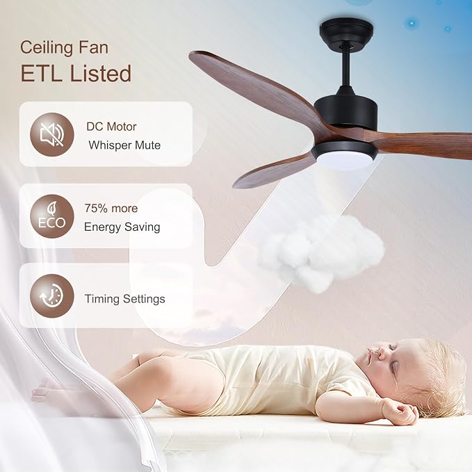 52 Inch Wood Ceiling Fans with Lights Remote Control, 3 Blade Smart Ceiling Fan for Bedroom Living Room Patio Indoor Outdoor