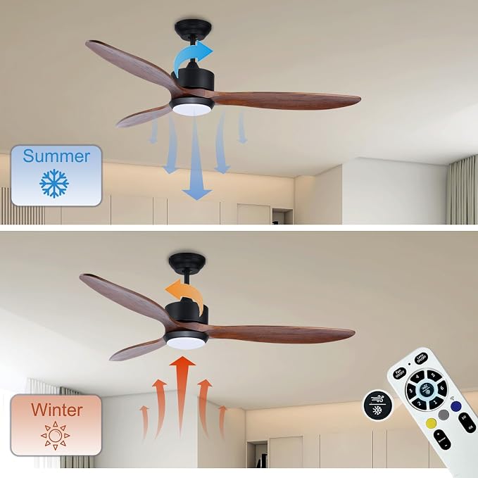 52 Inch Wood Ceiling Fans with Lights Remote Control, 3 Blade Smart Ceiling Fan for Bedroom Living Room Patio Indoor Outdoor