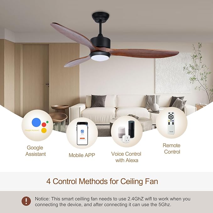 52 Inch Wood Ceiling Fans with Lights Remote Control, 3 Blade Smart Ceiling Fan for Bedroom Living Room Patio Indoor Outdoor