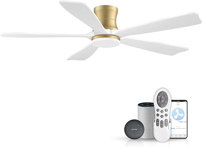 52 Inch Wood Smart Low Profile Ceiling Fans with Lights Remote,Control via WIFI Alexa Google App,6 Speed,Quiet DC Motor,Flush
