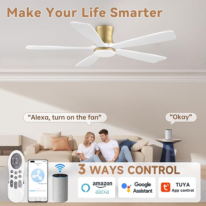 52 Inch Wood Smart Low Profile Ceiling Fans with Lights Remote,Control via WIFI Alexa Google App,6 Speed,Quiet DC Motor,Flush