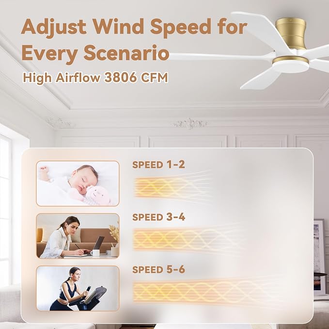 52 Inch Wood Smart Low Profile Ceiling Fans with Lights Remote,Control via WIFI Alexa Google App,6 Speed,Quiet DC Motor,Flush