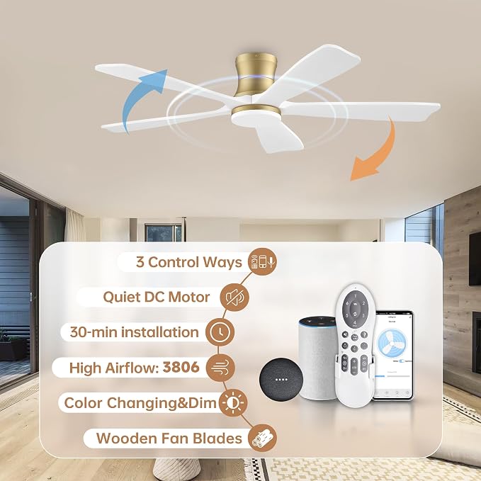 52 Inch Wood Smart Low Profile Ceiling Fans with Lights Remote,Control via WIFI Alexa Google App,6 Speed,Quiet DC Motor,Flush