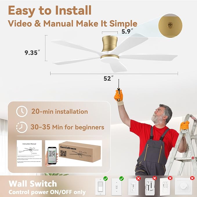 52 Inch Wood Smart Low Profile Ceiling Fans with Lights Remote,Control via WIFI Alexa Google App,6 Speed,Quiet DC Motor,Flush