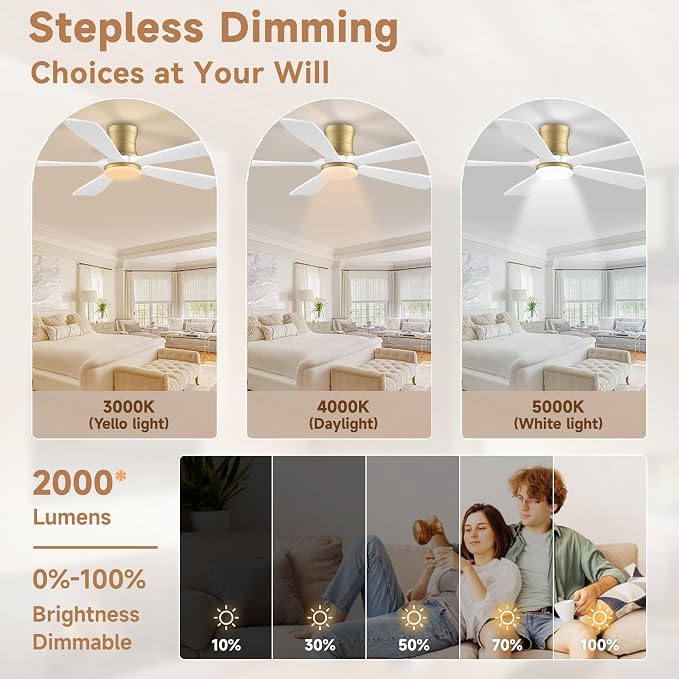 52 Inch Wood Smart Low Profile Ceiling Fans with Lights Remote,Control via WIFI Alexa Google App,6 Speed,Quiet DC Motor,Flush