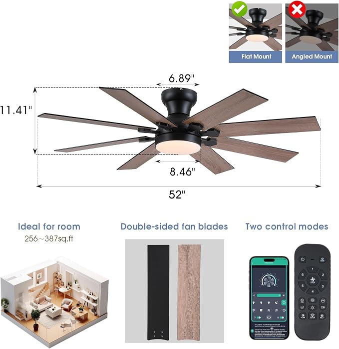 52" Low Profile Ceiling Fans with Lights and Remote, Modern Outdoor Ceiling Fans with 3 Colors 6 Speeds, Flush Mount Ceiling