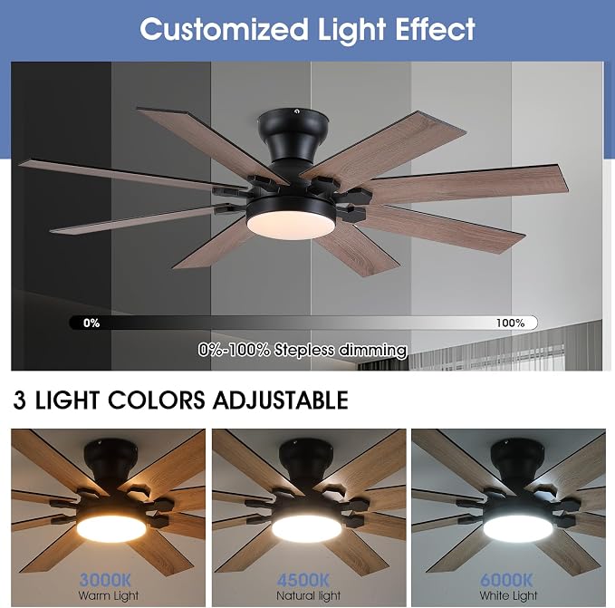 52" Low Profile Ceiling Fans with Lights and Remote, Modern Outdoor Ceiling Fans with 3 Colors 6 Speeds, Flush Mount Ceiling