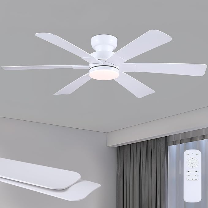 52" Low Profile Ceiling Fans with Lights and Remote, White Indoor Ceiling Fan Light with Quiet Reversible DC Motor,Modern