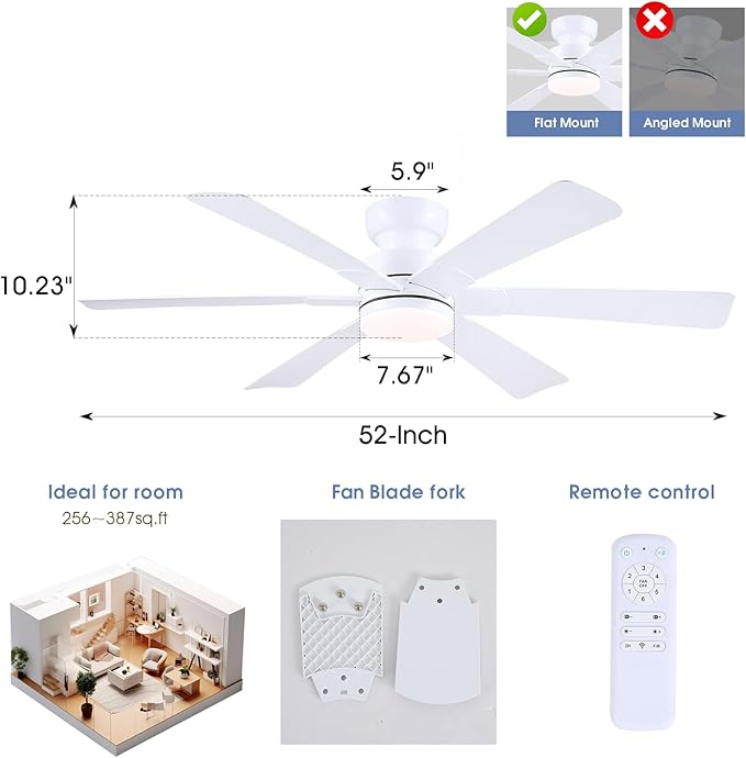 52" Low Profile Ceiling Fans with Lights and Remote, White Indoor Ceiling Fan Light with Quiet Reversible DC Motor,Modern