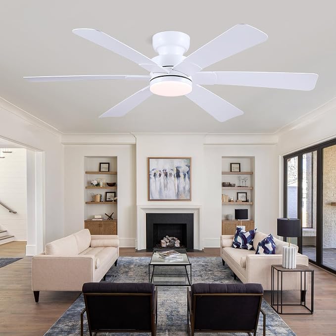 52" Low Profile Ceiling Fans with Lights and Remote, White Indoor Ceiling Fan Light with Quiet Reversible DC Motor,Modern