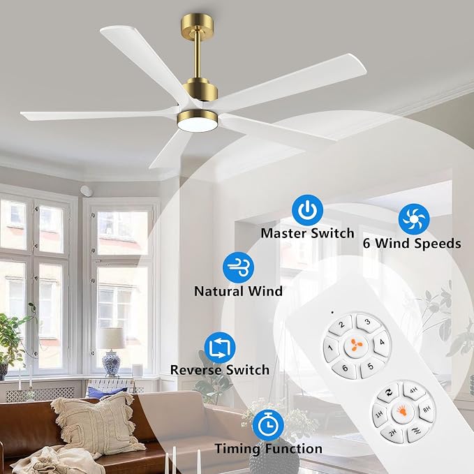 52" Modern Ceiling Fan with Lights and Remote Control, 5 Solid Wood Blades 6-Speed Noiseless Reversible DC Motor, alternate