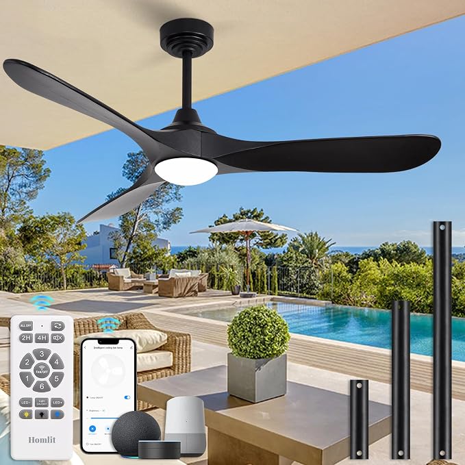 52” Outdoor Ceiling Fan with Light and Remote via WiFi Alexa, 3 Black Solid Wood Blade, Noiseless Reversible Dc Motor