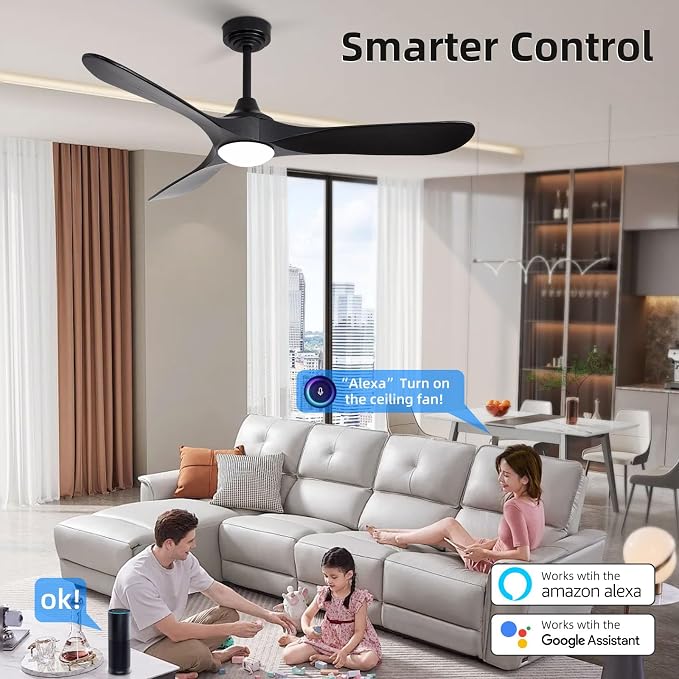 52” Outdoor Ceiling Fan with Light and Remote via WiFi Alexa, 3 Black Solid Wood Blade, Noiseless Reversible Dc Motor