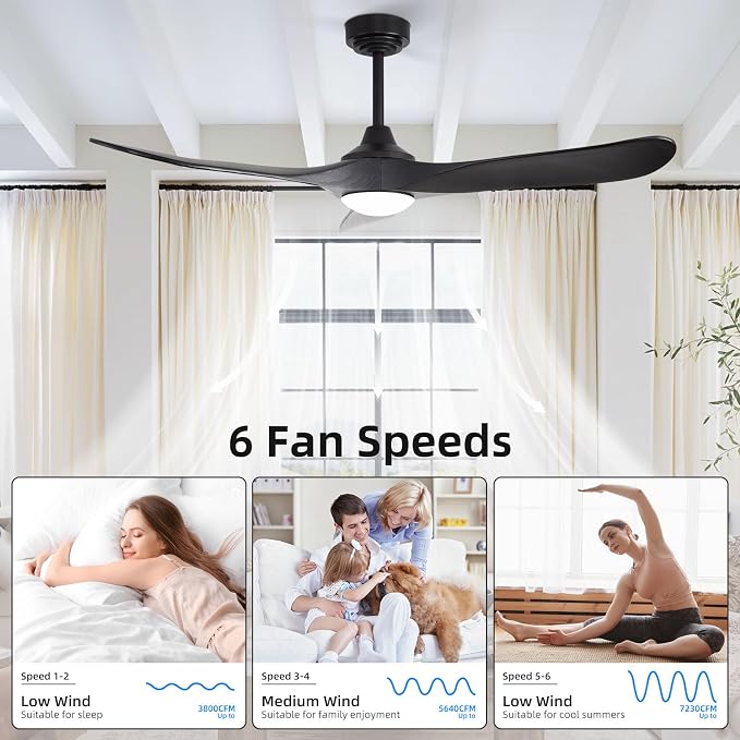 52” Outdoor Ceiling Fan with Light and Remote via WiFi Alexa, 3 Black Solid Wood Blade, Noiseless Reversible Dc Motor
