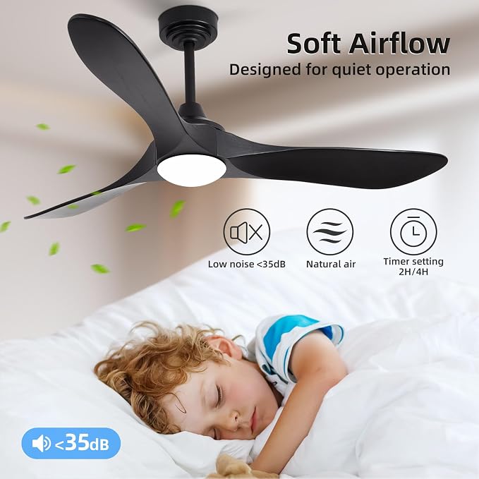 52” Outdoor Ceiling Fan with Light and Remote via WiFi Alexa, 3 Black Solid Wood Blade, Noiseless Reversible Dc Motor