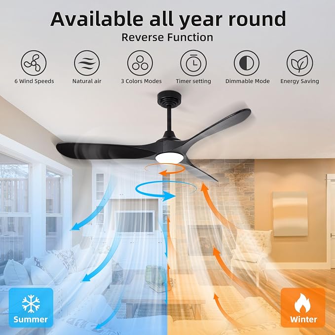 52” Outdoor Ceiling Fan with Light and Remote via WiFi Alexa, 3 Black Solid Wood Blade, Noiseless Reversible Dc Motor