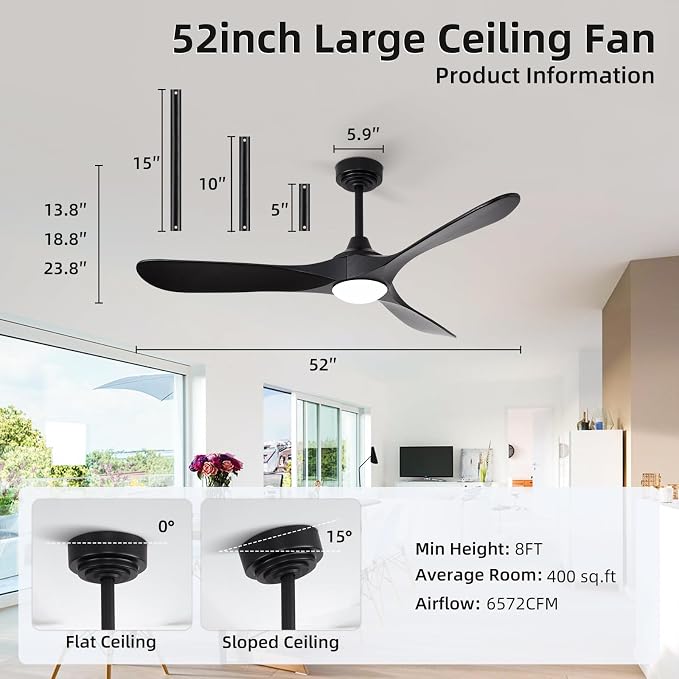 52” Outdoor Ceiling Fan with Light and Remote via WiFi Alexa, 3 Black Solid Wood Blade, Noiseless Reversible Dc Motor