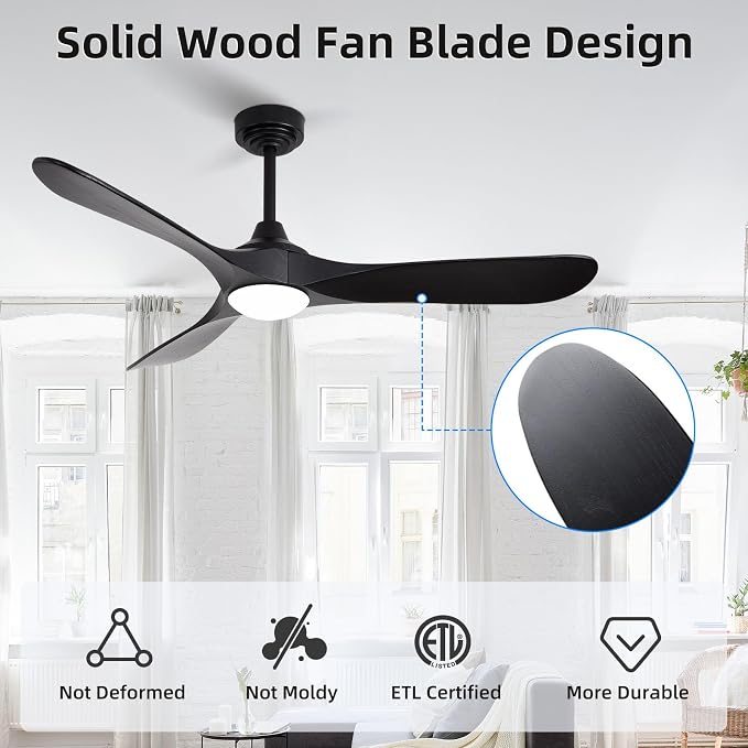 52” Outdoor Ceiling Fan with Light and Remote via WiFi Alexa, 3 Black Solid Wood Blade, Noiseless Reversible Dc Motor