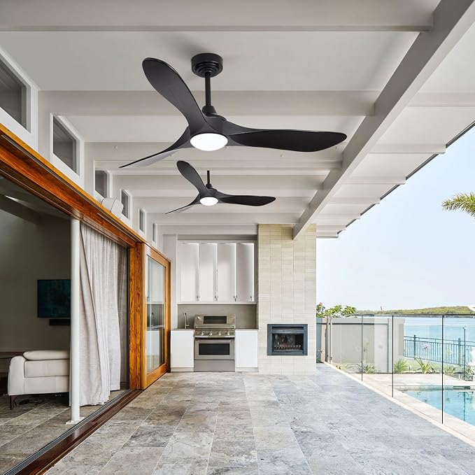 52” Outdoor Ceiling Fan with Light and Remote via WiFi Alexa, 3 Black Solid Wood Blade, Noiseless Reversible Dc Motor