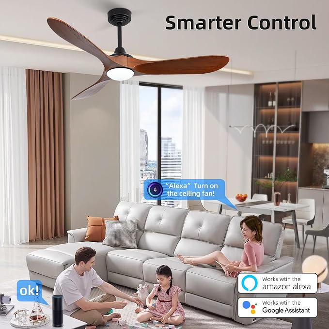 52” Outdoor Ceiling Fan with Light and Remote via WiFi Alexa, 3 Walnut Solid Wood Blade, Noiseless Reversible Dc Motor