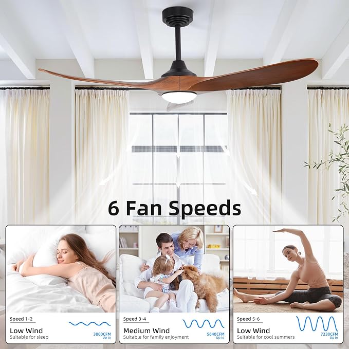 52” Outdoor Ceiling Fan with Light and Remote via WiFi Alexa, 3 Walnut Solid Wood Blade, Noiseless Reversible Dc Motor