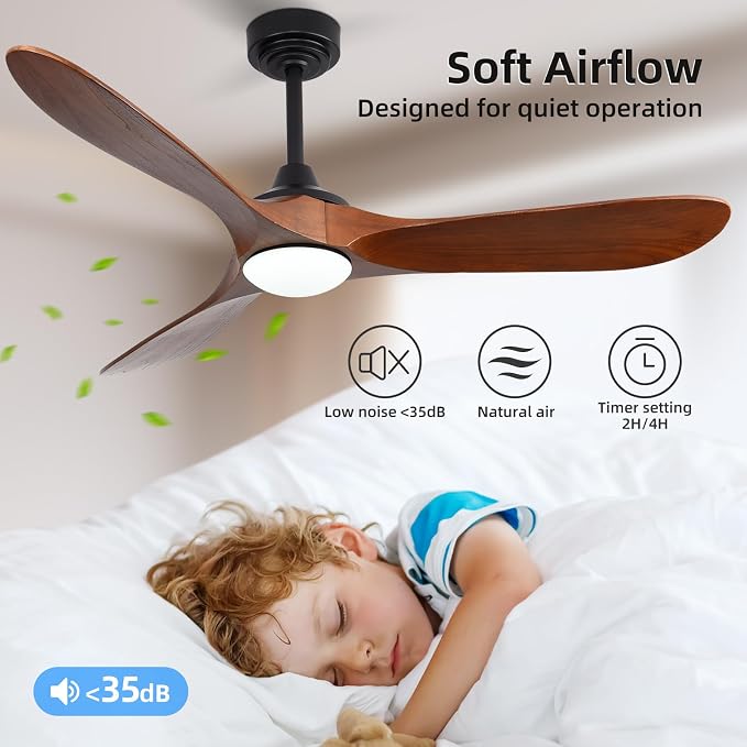 52” Outdoor Ceiling Fan with Light and Remote via WiFi Alexa, 3 Walnut Solid Wood Blade, Noiseless Reversible Dc Motor