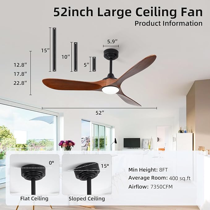 52” Outdoor Ceiling Fan with Light and Remote via WiFi Alexa, 3 Walnut Solid Wood Blade, Noiseless Reversible Dc Motor