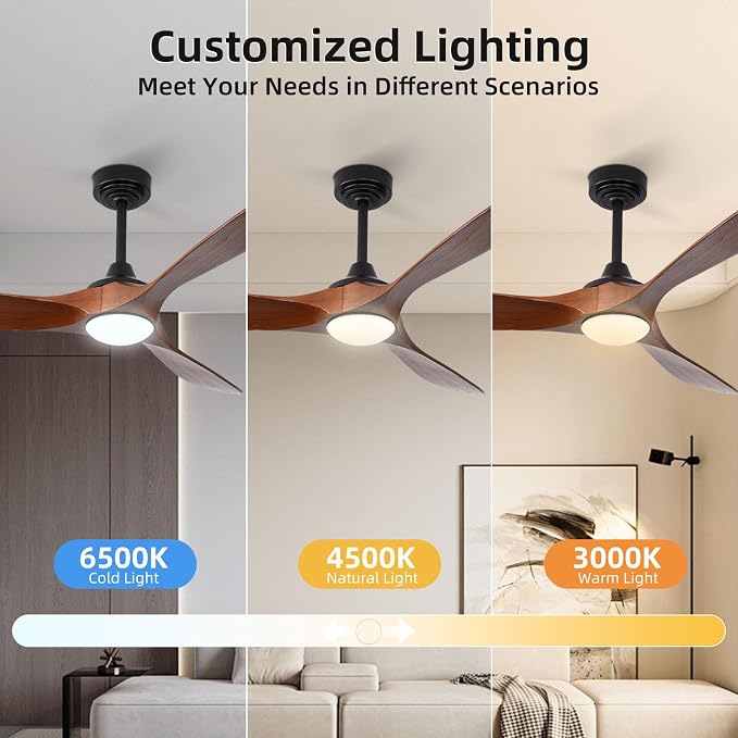 52” Outdoor Ceiling Fan with Light and Remote via WiFi Alexa, 3 Walnut Solid Wood Blade, Noiseless Reversible Dc Motor