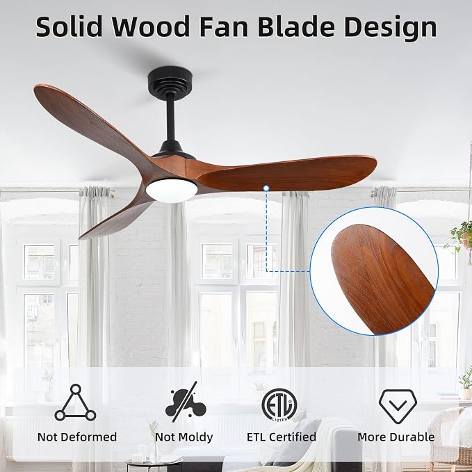52” Outdoor Ceiling Fan with Light and Remote via WiFi Alexa, 3 Walnut Solid Wood Blade, Noiseless Reversible Dc Motor