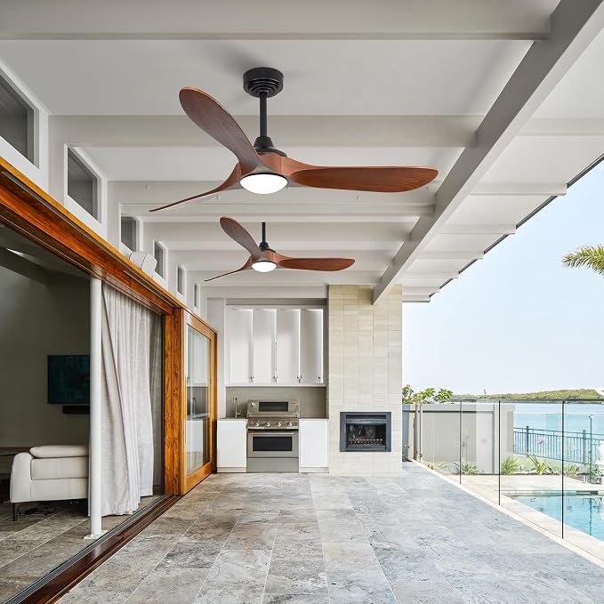 52” Outdoor Ceiling Fan with Light and Remote via WiFi Alexa, 3 Walnut Solid Wood Blade, Noiseless Reversible Dc Motor