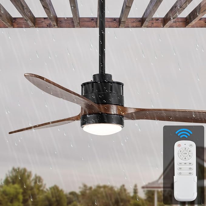 52'' Outdoor Ceiling Fan with Light for Patios, IPX4 Waterproof, DC Motor w 6 Speeds, 3 Blade Wet Rated Ceiling Fans, Walnut