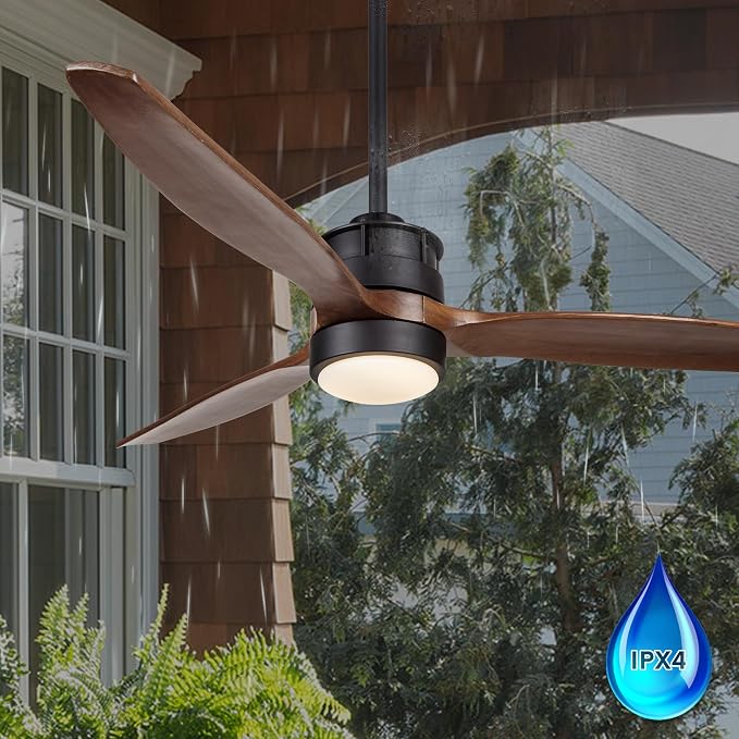 52'' Outdoor Ceiling Fan with Light for Patios, IPX4 Waterproof, DC Motor w 6 Speeds, 3 Blade Wet Rated Ceiling Fans, Walnut