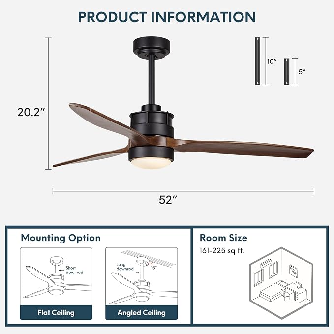 52'' Outdoor Ceiling Fan with Light for Patios, IPX4 Waterproof, DC Motor w 6 Speeds, 3 Blade Wet Rated Ceiling Fans, Walnut