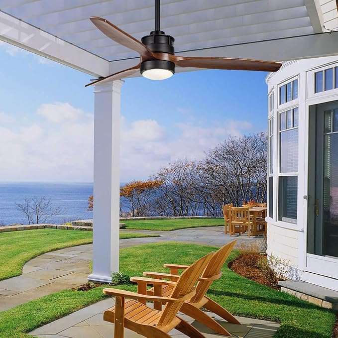 52'' Outdoor Ceiling Fan with Light for Patios, IPX4 Waterproof, DC Motor w 6 Speeds, 3 Blade Wet Rated Ceiling Fans, Walnut