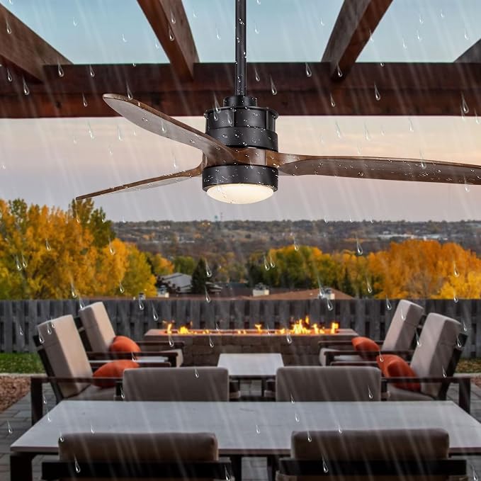 52'' Outdoor Ceiling Fan with Light for Patios, IPX4 Waterproof, DC Motor w 6 Speeds, 3 Blade Wet Rated Ceiling Fans, Walnut