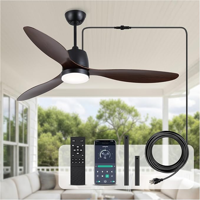 52" Outdoor Ceiling-Fan with Light: Plug-in Waterproof Hanging Fans, App/Remote Control, Reversible 6-Speed Quiet DC Motor