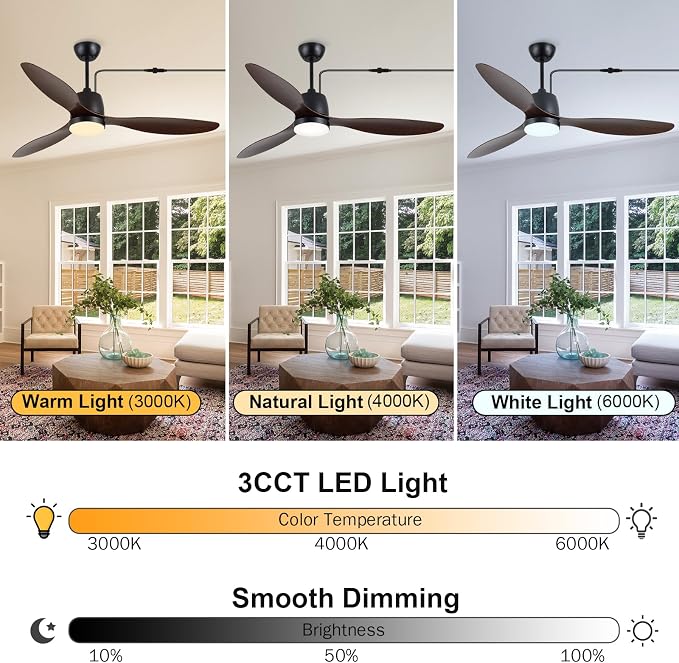 52" Outdoor Ceiling-Fan with Light: Plug-in Waterproof Hanging Fans, App/Remote Control, Reversible 6-Speed Quiet DC Motor