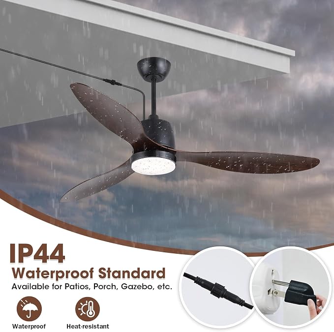52" Outdoor Ceiling-Fan with Light: Plug-in Waterproof Hanging Fans, App/Remote Control, Reversible 6-Speed Quiet DC Motor