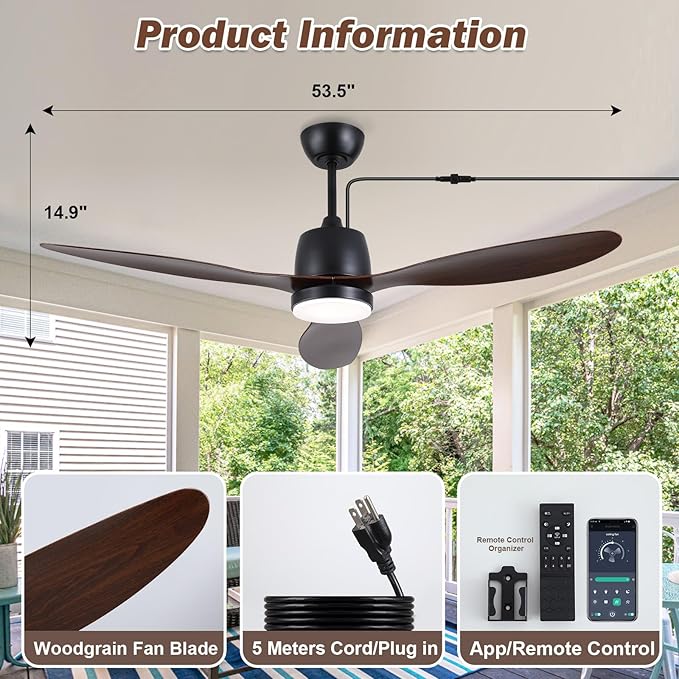 52" Outdoor Ceiling-Fan with Light: Plug-in Waterproof Hanging Fans, App/Remote Control, Reversible 6-Speed Quiet DC Motor