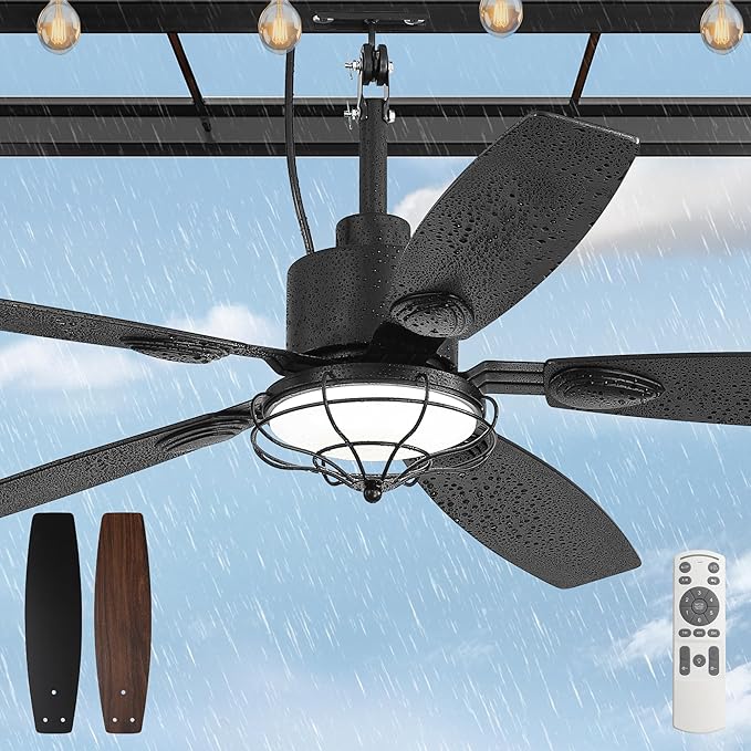 52" Outdoor Ceiling Fan with Lights, IP65 Waterproof Gazebo Fan with 3CCT Remote Control 6-Speeds Reversible DC Motor,Plug in