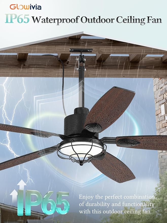 52" Outdoor Ceiling Fan with Lights, IP65 Waterproof Gazebo Fan with 3CCT Remote Control 6-Speeds Reversible DC Motor,Plug in