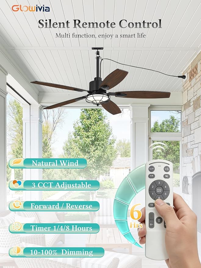 52" Outdoor Ceiling Fan with Lights, IP65 Waterproof Gazebo Fan with 3CCT Remote Control 6-Speeds Reversible DC Motor,Plug in