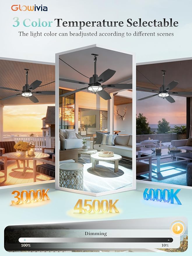 52" Outdoor Ceiling Fan with Lights, IP65 Waterproof Gazebo Fan with 3CCT Remote Control 6-Speeds Reversible DC Motor,Plug in