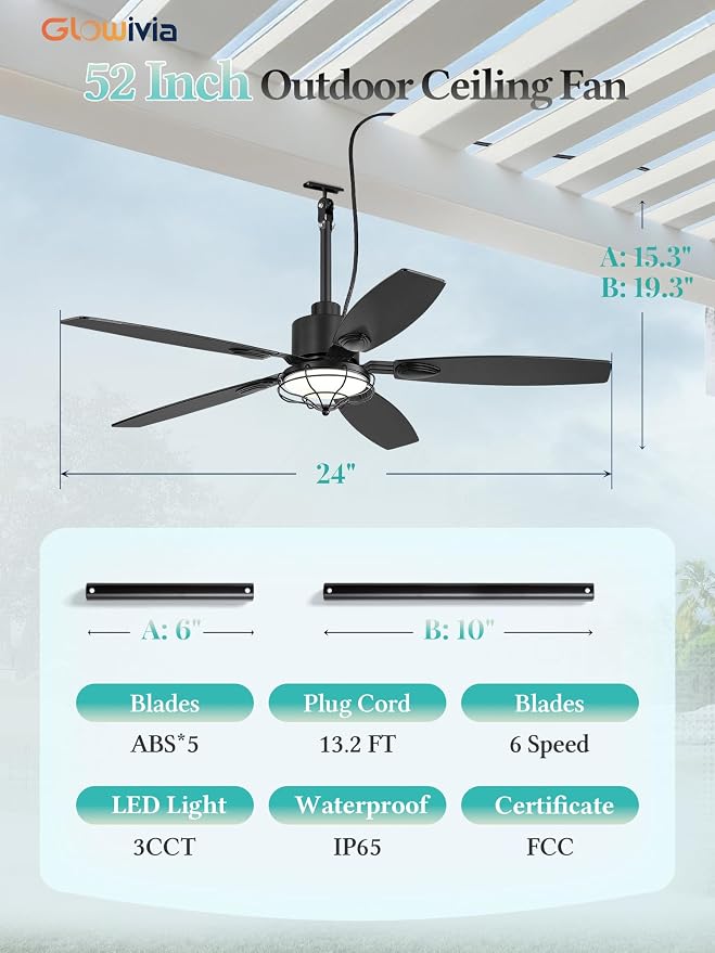 52" Outdoor Ceiling Fan with Lights, IP65 Waterproof Gazebo Fan with 3CCT Remote Control 6-Speeds Reversible DC Motor,Plug in