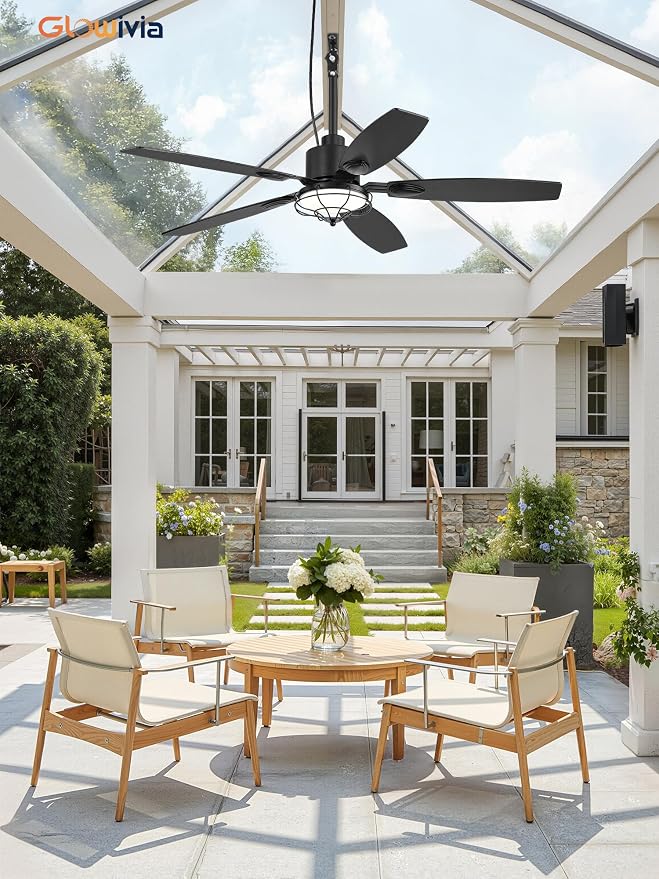 52" Outdoor Ceiling Fan with Lights, IP65 Waterproof Gazebo Fan with 3CCT Remote Control 6-Speeds Reversible DC Motor,Plug in