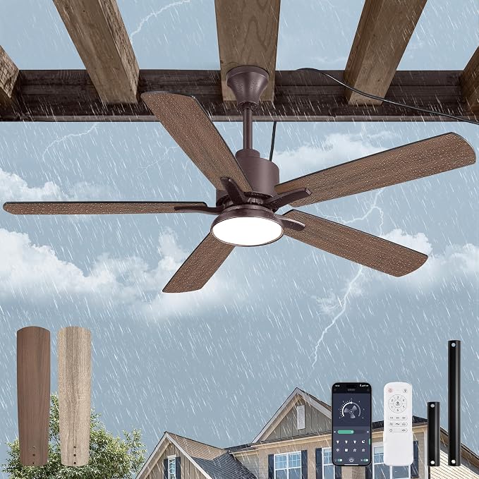 52" Outdoor Ceiling Fans with Light for Patios, IP65 Waterproof Gazebo Fan, Plug in Ceiling Fan with Remote, 3CCT 6-Speed