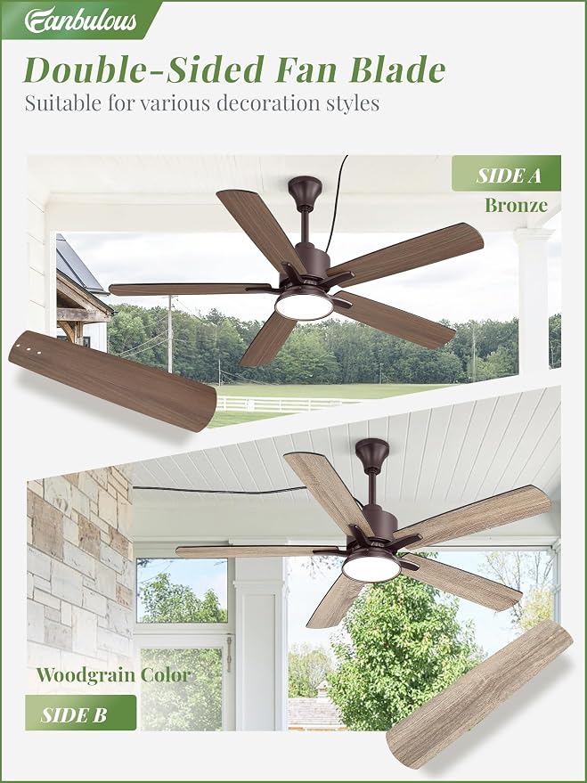 52" Outdoor Ceiling Fans with Light for Patios, IP65 Waterproof Gazebo Fan, Plug in Ceiling Fan with Remote, 3CCT 6-Speed